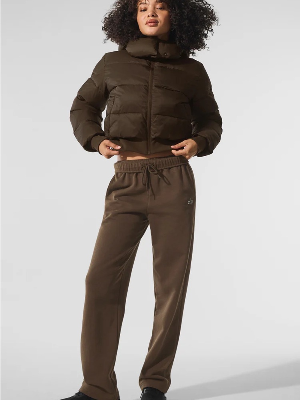 ALO Yoga Cropped Hooded Puffer Jacket in Dark Brown - Picture 3 of 3